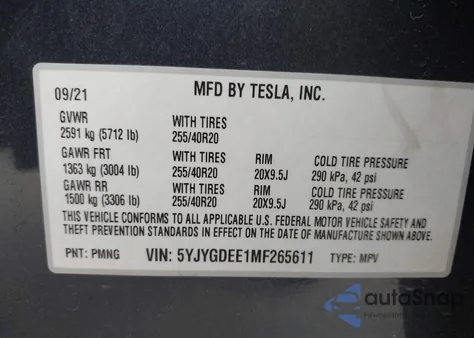 2021 Tesla Model Y Long Range Dual Motor All-Wheel Drive z USA, uszkodzony, nr VIN 5YJYGDEE1MF265611